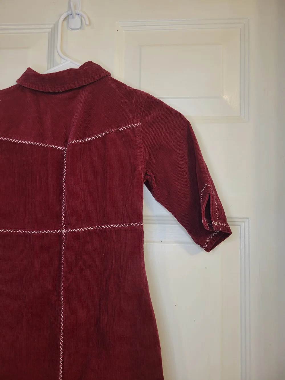 Vintage Christie Brooks Red Corduroy Button-Front Dress with Zigzag Stitching.